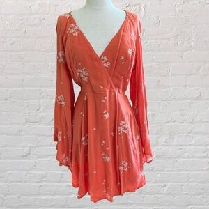 Free People Chic Coral Floral Long Sleeve Wrap Dress